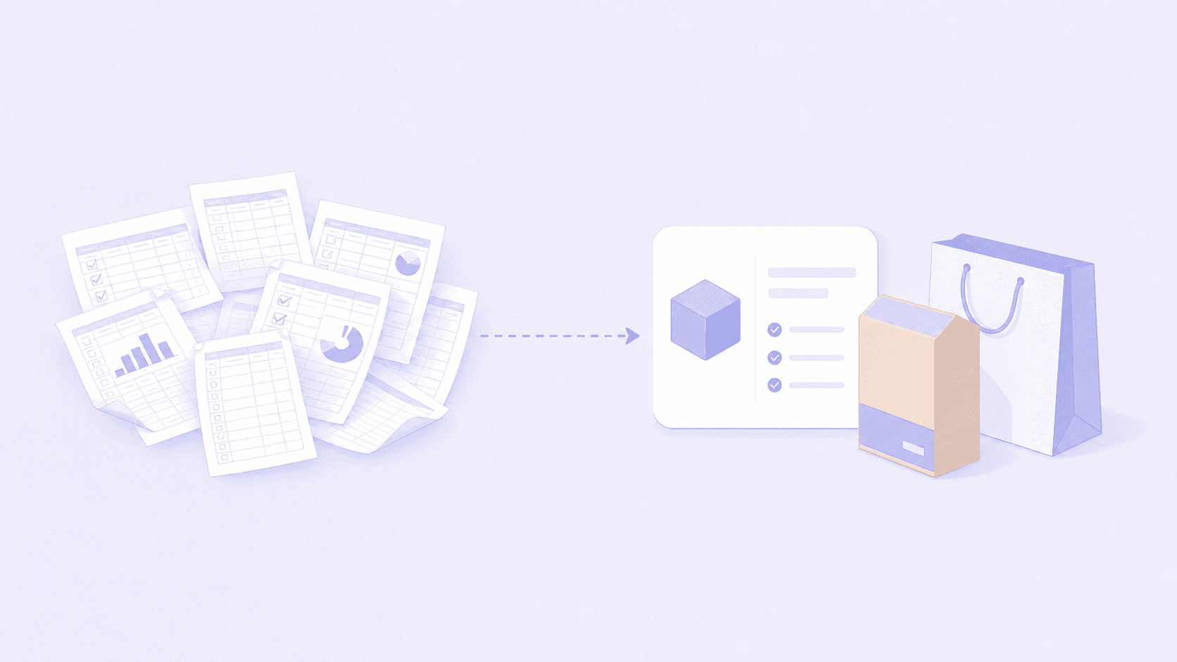 A scattered pile of spreadsheets becoming one product record beside the packaging it specifies