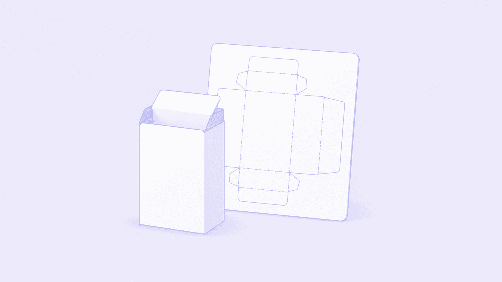 A folded carton standing in front of the flat dieline it was cut from